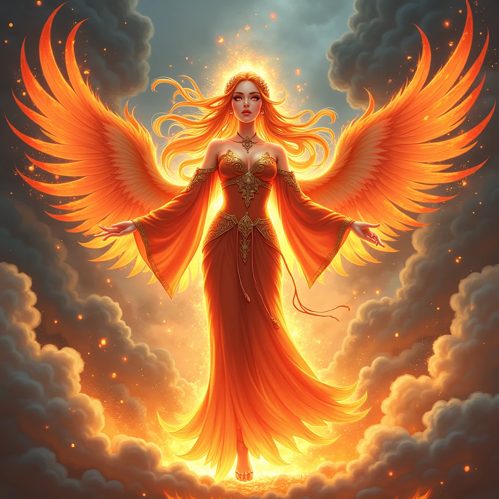 A fire-element goddess who controls multiple phoenixes.、Anime illustration