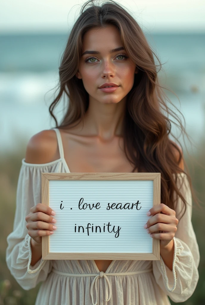Beautiful girl with wavy long hair, bohemian dress, holding a white board with text "I Love Seaart Infinity" and showing it to the viewer