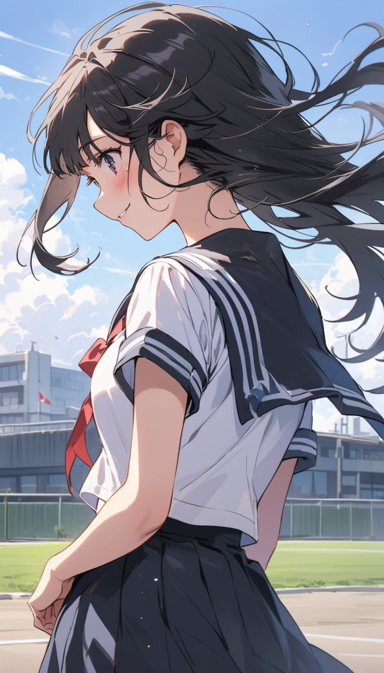 high school girl　beauty　Black Hair　smile　Embarrassing　blush　Black Sailor Suit　The wind flips up my skirt　Striped underwear　tits　Back view　Butt　Strong winds　Schoolyard　Photograph the whole body