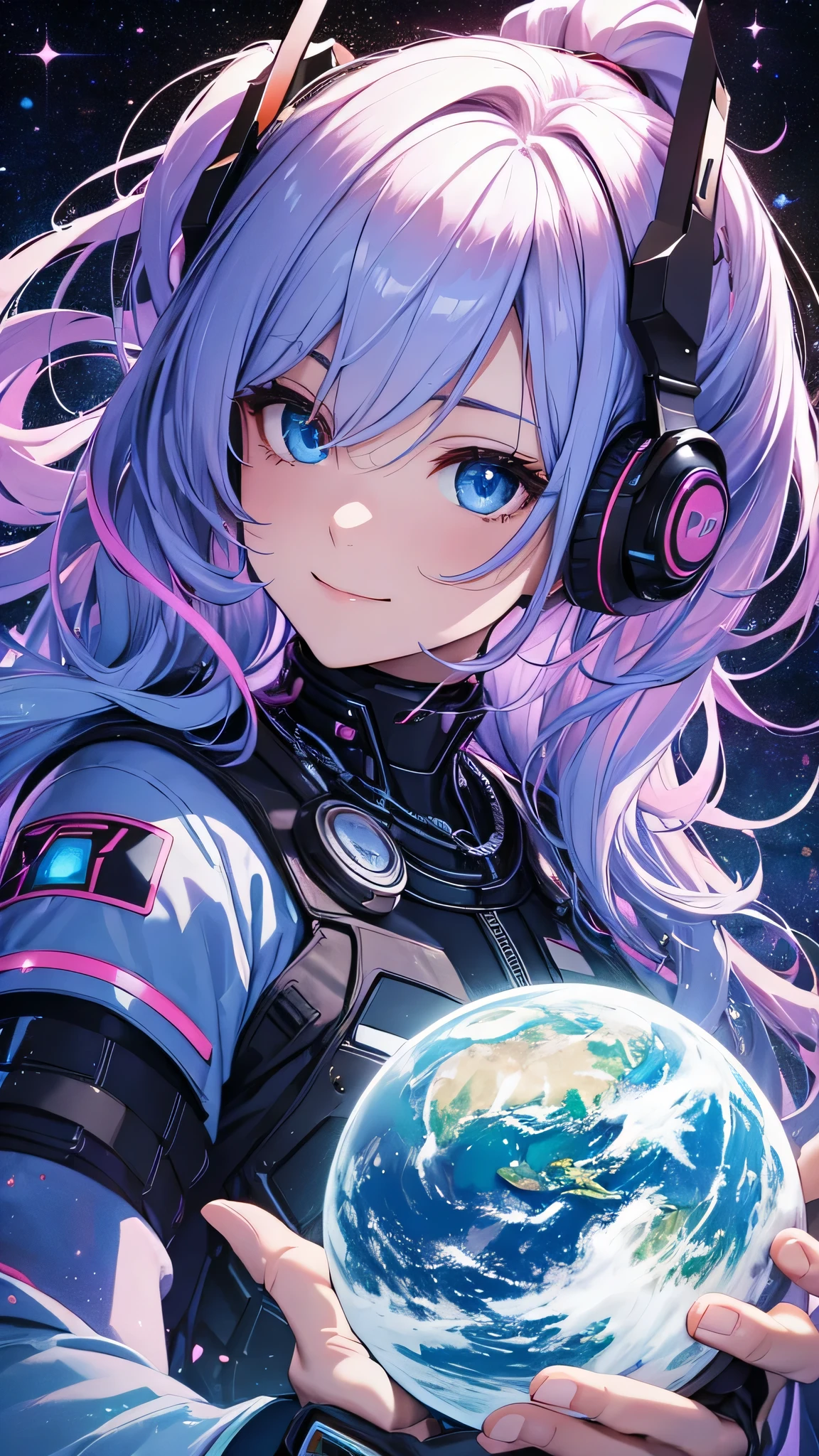 最high quality、Best image quality、masterpiece、and((cute、1、Best Bust、Medium Bust、Beautiful Blue Eyes、Spread your chest wide,Pastel colored hair、ponytail、Disheveled Hair、thin、Highest valley、Cyber Suit、smile、necklace、Show the whole body、Cyber Wings、Random Pause、Cyber Shoes))high quality、Beautiful art、background((universe space)),Tabletop、Exquisite design、Visual Arts、Written boundary depth、Best lighting、Highest detail、8k
