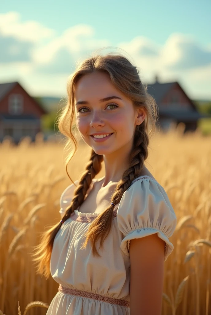 1girl, 20 years old, tall and attractive, wearing a cute country dress, hair braided, standing in a rustic farm setting. She has a soft, gentle smile and expressive eyes. In the background are charming barns, golden wheat fields and clear blue skies. The composition should be bathed in warm golden hour light, with soft depth of field and soft bokeh to accentuate the idyllic tranquility. Capture images as if they were shot on vintage 35mm film for added oomph, filmg,