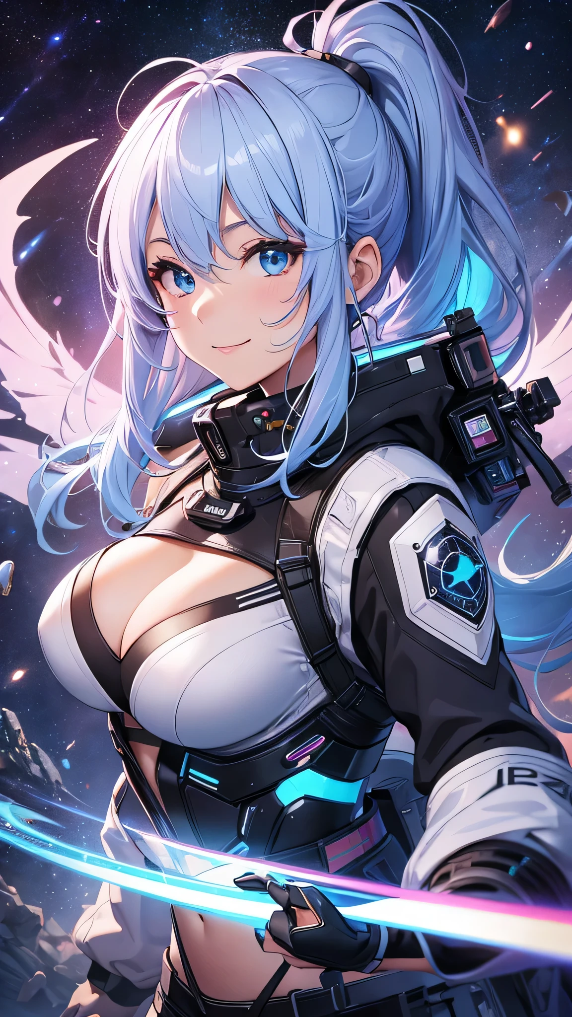 最high quality、Best image quality、masterpiece、and((cute、1、Best Bust、Medium Bust、Beautiful Blue Eyes、Spread your chest wide,Pastel colored hair、ponytail、Disheveled Hair、thin、Highest valley、Cyber Suit、smile、necklace、Show the whole body、Cyber Wings、Random Pause、Cyber Shoes))high quality、Beautiful art、background((universe space)),Tabletop、Exquisite design、Visual Arts、Written boundary depth、Best lighting、Highest detail、8k