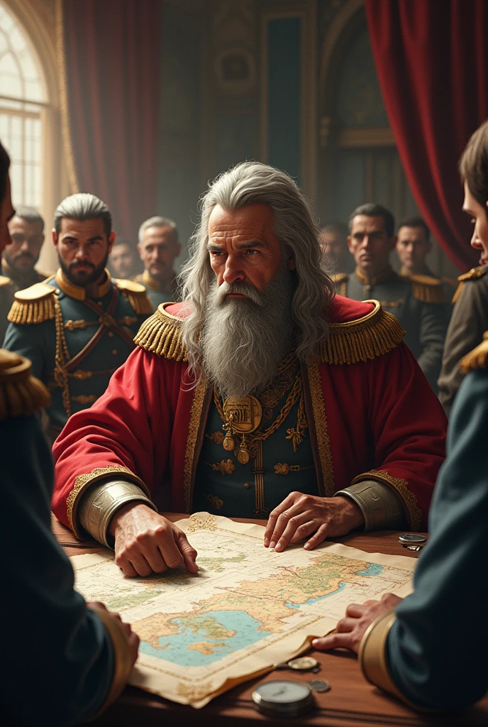 The king’s strategic planning
The king is shown in a study or war room, examining maps and discussing strategies with generals. The scene captures his focus and strategic mind, with detailed maps and military equipment visible