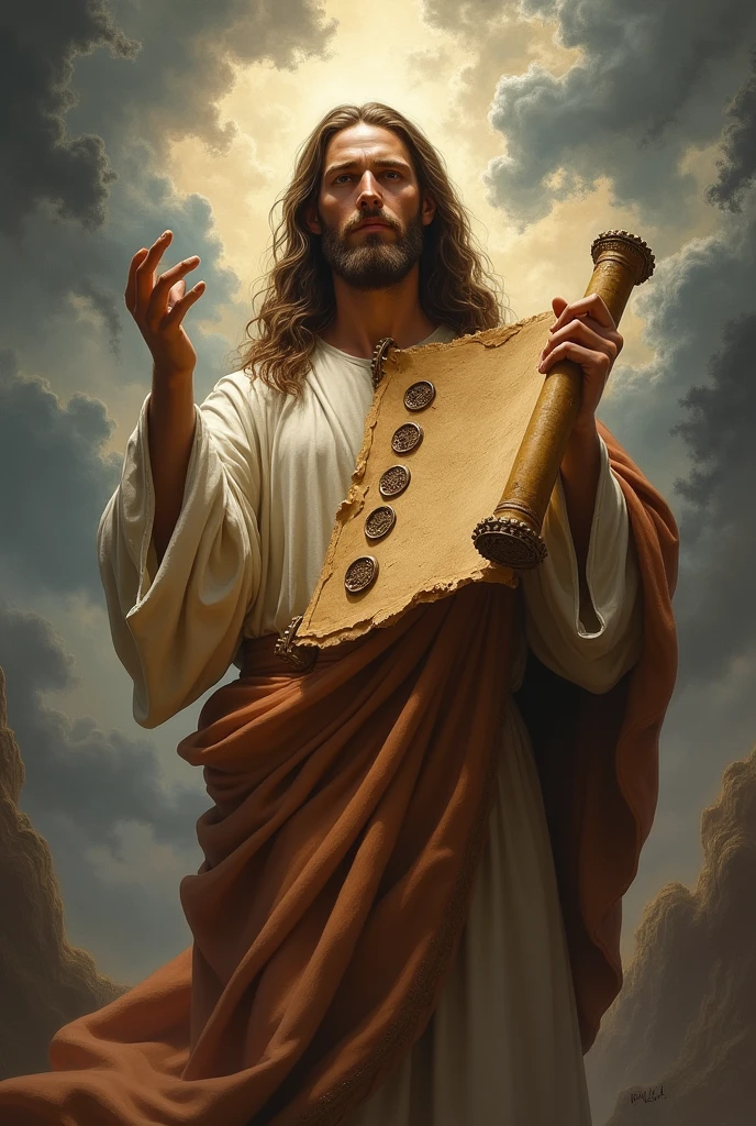 Jesus with a scroll with seven seals in his hand
