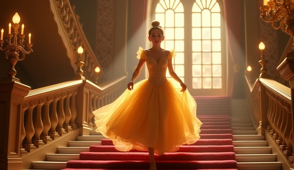 run, Cinderella in golden dress, Background in the castle, Beautiful lights,stairs