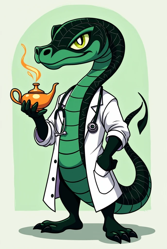 A mascot character for nursing class xlii, inspired by a green and black snake, holding a genie lamp, with green eyes and a defiant look, wearing an open white coat and a stethoscope around his neck without his hand on his waist