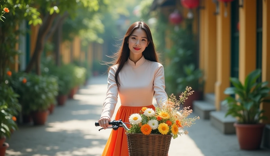 Make a photo of a Vietnamese female model wearing a white Ao Dai. Riding a bike on an old street. 50mm lens. bright. realistic. Focus your eyes well. Full shot. Make a basket and a bouquet of flowers in front of the bike. Make both eyes the same size.