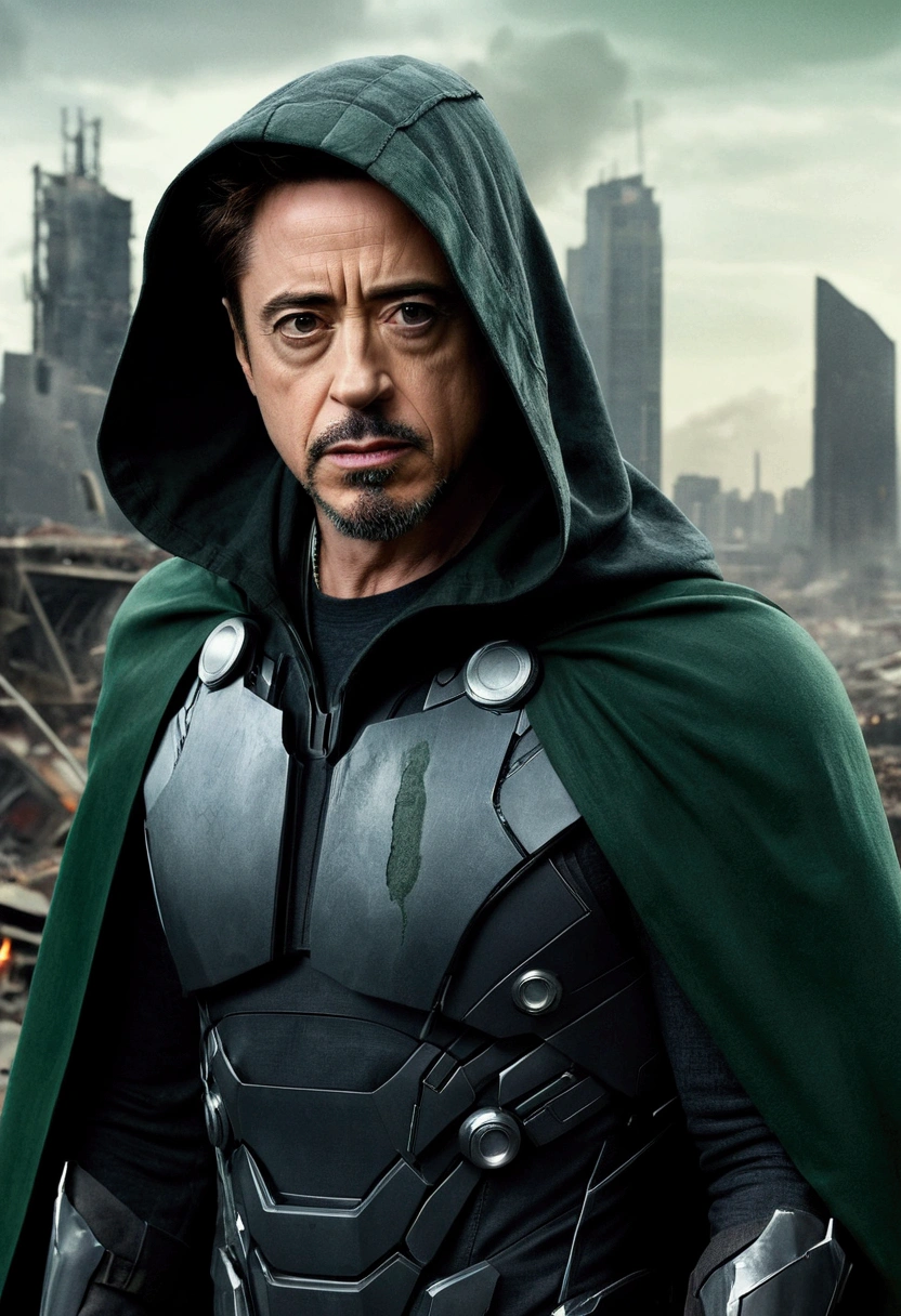 Actor Robert Downey Jr wearing a dark gray futuristic outfit. With a dark green cape and hood. Destroyed city scenery. Post apocalyptic climate. ultra realisitic. Maximum quality