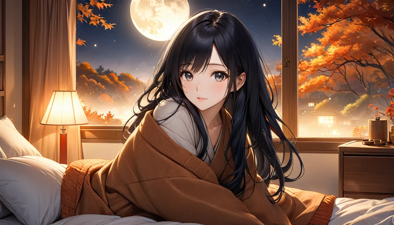 anime, A beautiful young Japanese woman with long black hair, soft moonlight illuminating her face, The background is an autumnal atmosphere., cozy bedroom setting, romantic and tranquil atmosphere, photorealistic, highly detailed