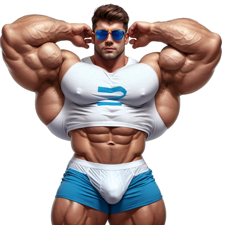 a very handsome young man, blue t-shirt and white underwear, sunglasses, exaggeratedly muscular, exaggeratedly huge arms and biceps, on a white background