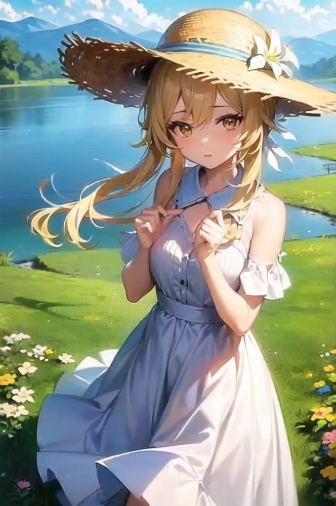 anime girl in a hat and dress standing in a field, in dress, cute anime waifu in a nice dress, guweiz, splash art anime , , anime visual of a cute girl, , artwork in the style of guweiz, kawacy, guweiz on pixiv artstation