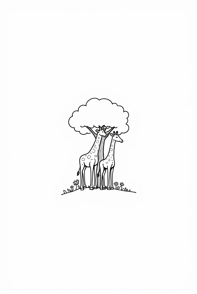 The illustration is super simple., black and white, Clear cold line art, ,No shadow, No complicated images, and makes it easy to color in between the lines. A two giraffe.under the tree,There are flowers,