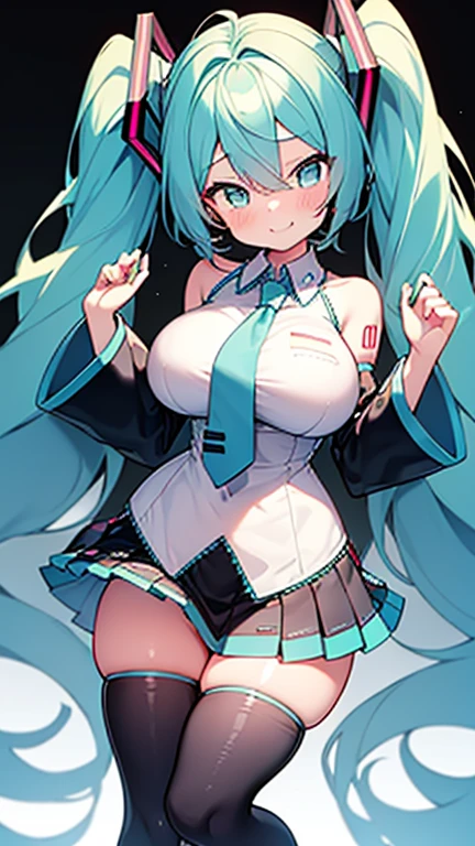 (((Highest quality, masterpiece, High resolution, Very detailed, 4K, 8k))), 1 girl, ((Hatsune Friends)), (, pretty girl, pretty girl), break (Teal Twin Tall, Turquoise Hair), (White blouse with blue border, 白No sleeve, No sleeve, Black separate sleeve and arm covers), Blue tie, (black micro mini skirt, Skirt hem blue), ((Full-fledged panties, Blue striped panties:1.2)) (Black knee-high socks and shoes, Black knee socks), break (Narrow waist, Small hips), (((Huge breasts, Sweat, Thighs:1.4))), A light smile, blush, (:p, Long Tongue)), (Recall:1.3), (Skirt flutters, Skirt rolled up)