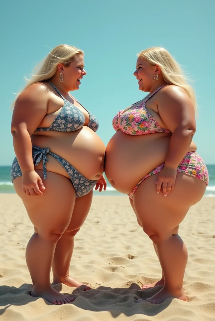 Two plus size model women are obese and fat, 200kg, with a lot of fat on their stomachs and buttocks, they have gained weight by eating too much, they are obese blonde haired American plus size models with very big bellies, their bellies are bulging and covered with a lot of fat, they are American sumo wrestlers wearing colorful bikini swimwear, slamming their buttocks against each other on the sandy beach, 4K quality