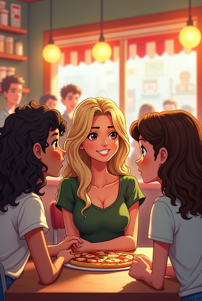 Drawing of a teenage girl with short, curly hair and a teenage girl with long, curly hair interviewing a blonde adult woman in a pizzeria.