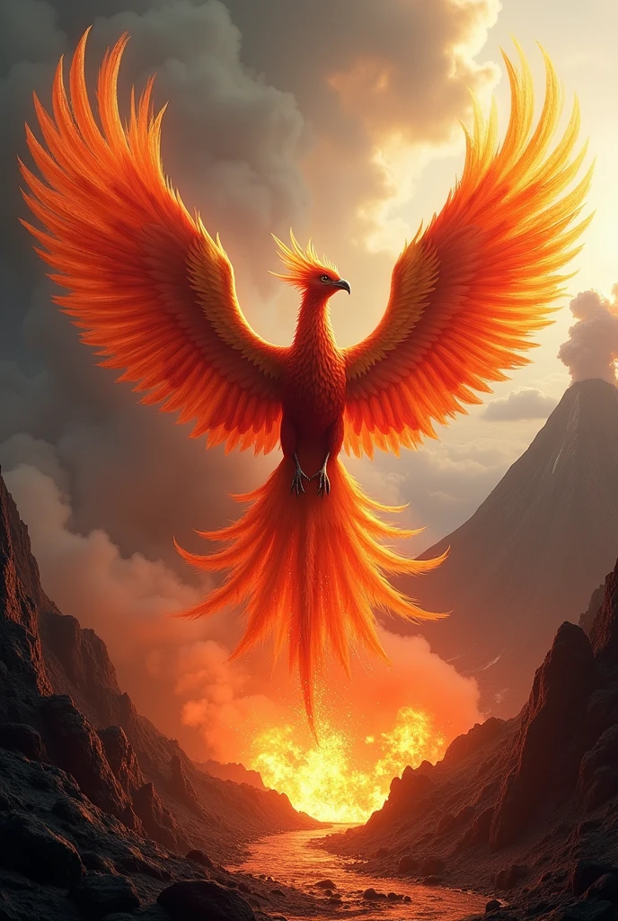 ((Highest quality)), ((masterpiece)), (detailed), Phoenix, Phoenix takes flight from the crater of an active volcano