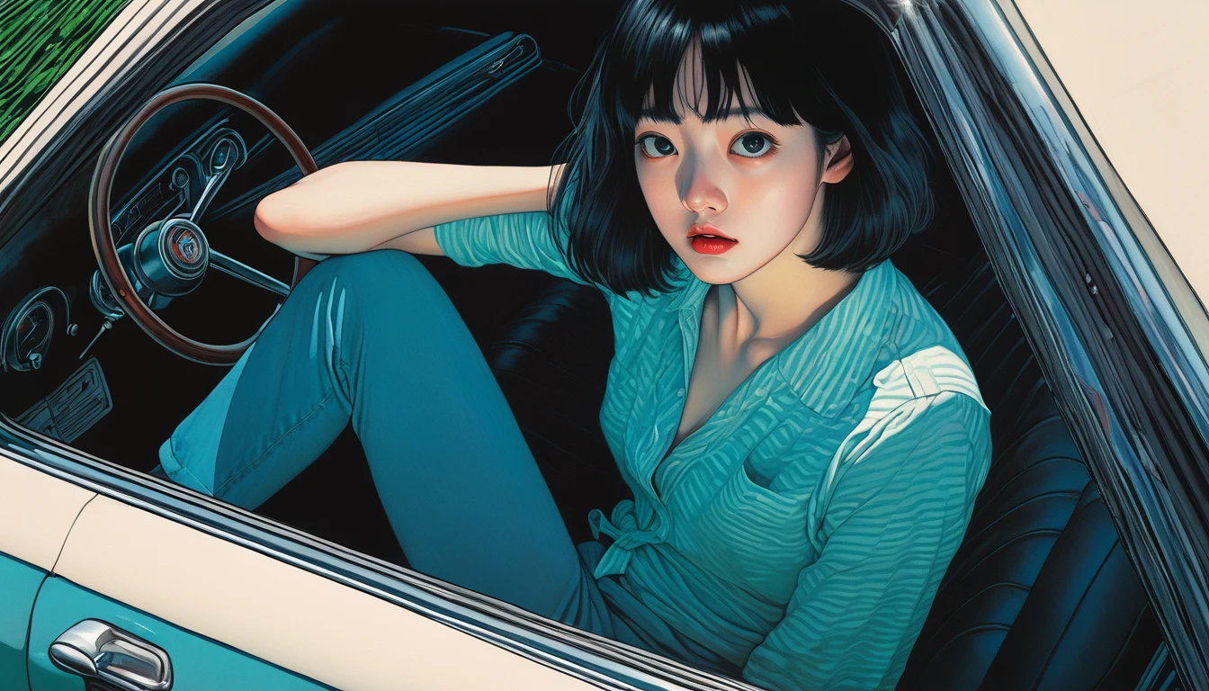 An illustration、art、Supervised by Junji Ito、Overaction、Overreaction、Pretending to be scared、Attention to detail, Realistic shadows、Analog Style, chromatic aberration, Surrealism、car