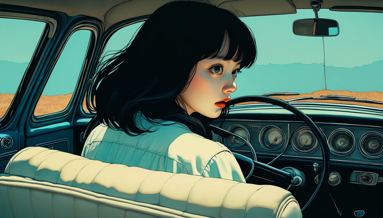 An illustration、art、Supervised by Junji Ito、Overaction、Overreaction、Pretending to be scared、Attention to detail, Realistic shadows、Analog Style, chromatic aberration, Surrealism、car