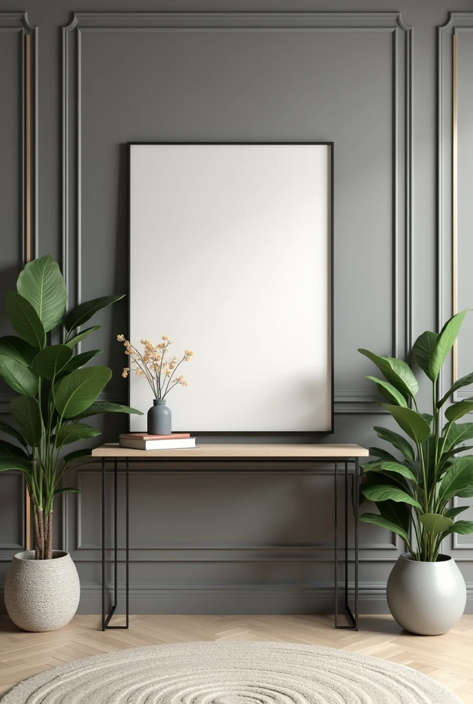 A LIVING ROOM WITH Console Table Wall Table A GRAY RAGE WALL WITH GOLD STRIPS AND A big EMPTY VERTICAL FRAME indoor plants