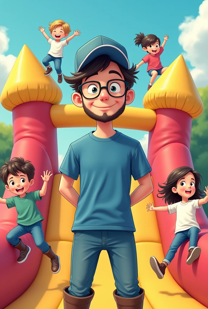 advertising poster showing children playing in their decent clothes on a bounce house with a slide, where everything is very safe for everyone and there is an adult at the ticket office making sure that he has a short, closed beard and a cap and a blue t-shirt and boots and glasses that looks like a 2D Japanese anime drawing. 