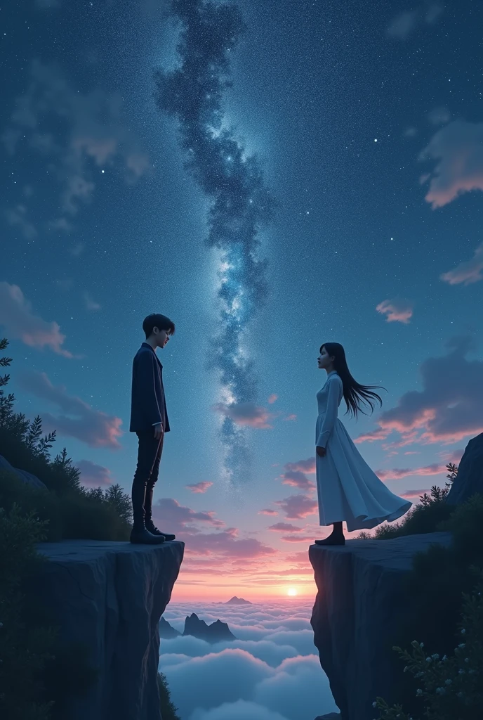 image of a male and female K-Pop model on a mountaintop, under a starlit sky, inspired by 'Fake Love' by BTS. The male model is Korean mixed Thai with a sleek modern hairstyle and a contemporary outfit, while the female model is dressed in white, with modern K-Pop fashion and long, flowing hair. They are standing far apart on opposite edges of the cliff, facing each other but unable to reach one another. Their expressions show deep emotional pain and longing. The surreal night sky swirls with stars and nebulae, symbolizing the vast and beautiful yet painful distance between them.