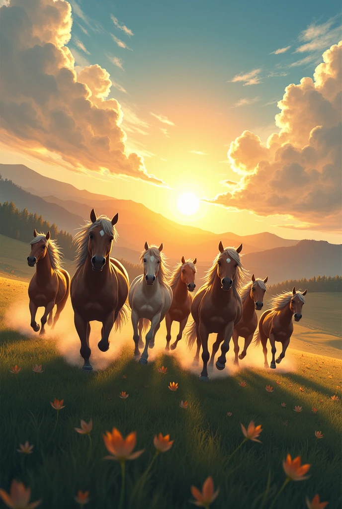Sun rising, 7 horse running in line