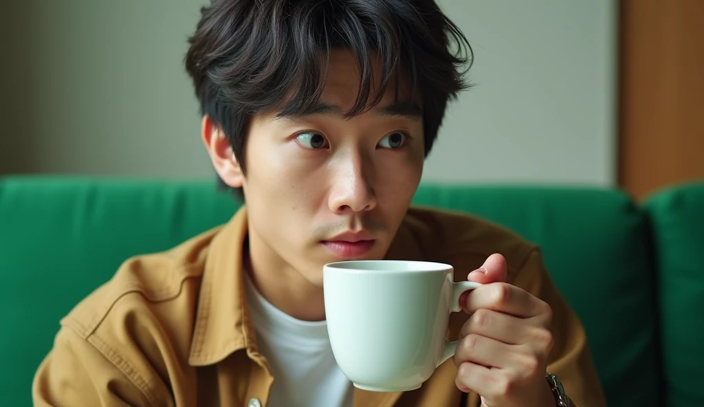 A Japanese male college student wearing fashionable clothes is looking into the distance while drinking tea on a green sofa with a bright expression,Excited, Photo of your face, In the room, with a natural look, With a slightly tired look, tilt your face a little, Diagonal orientation, Average face