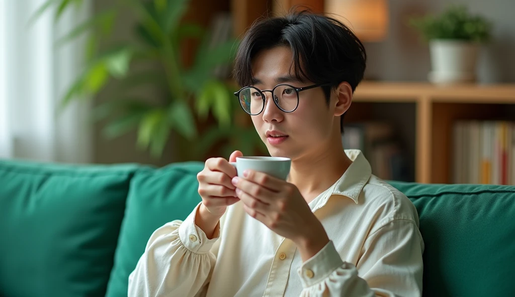 A Japanese male college student wearing fashionable clothes is looking into the distance while drinking tea on a green sofa with a bright expression,Excited, Photo of your face, In the room, with a natural look, With a slightly tired look, tilt your face a little, Diagonal orientation, Average face