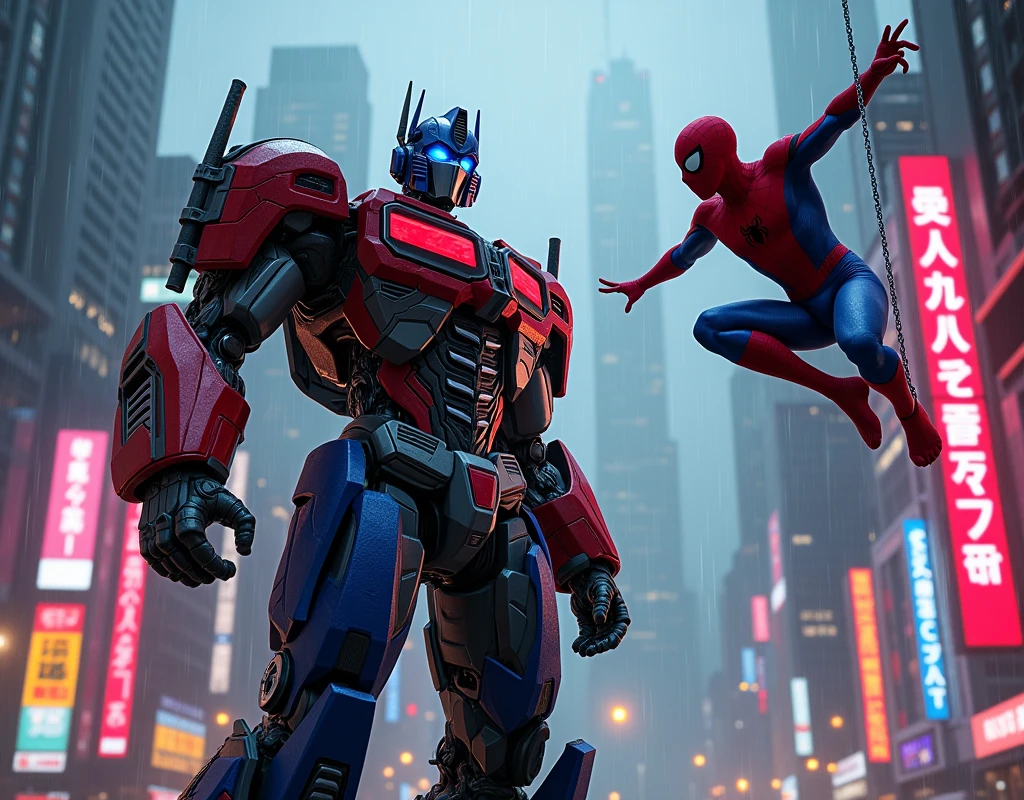 Optimus Prime, Spider-Man, futuristic city, skyscrapers, cyberpunk, mech suit, web slinging, action pose, dynamic lighting, cinematic composition, dramatic shadows, neon signs, rain effects, intricate details, hyper-realistic, photorealistic, 8K, HDR, masterpiece