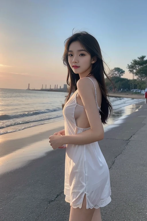 1 Girl,seaside,Soft Light,Chinese Beauty,Suspender dress