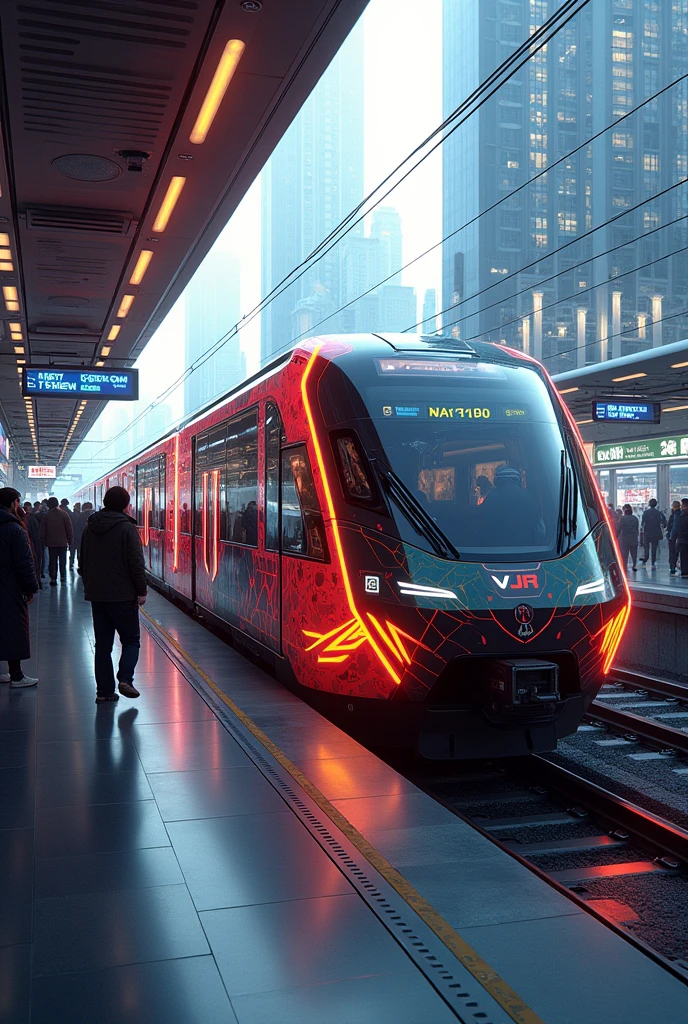 A brand VJR is painted on the side of a metro train with passengers on platform
