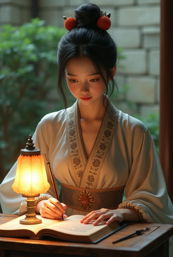 A photo of a beautiful girl in a traditional Chinese dress looking at ancient chinese book under lamp on a low table in garden surrounded by old walls in a peaceful night,((her right hold a pen and her left hand place on table)),((masterpiece)),realistic,4k,extremely detailed,((beautiful big eyes))