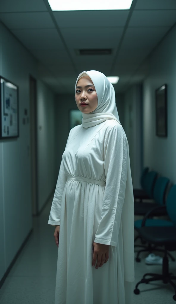20 years Old, Long hijab Korean mature woman, Big : 66.9, long white patern gamis, big breast: 1.9, at doctor office, Dim light, at photo studio