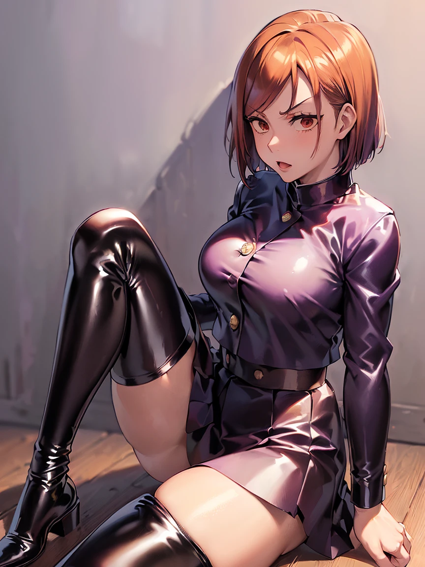 ((Top quality)), ((Masterpiece)), ((best quality:1.2,)) (((Kugisaki Nobara (Jujutsu Kaisen) , 1girl, solo, aroused))), ((((school uniform, shiny latex thigh high stockings)))),