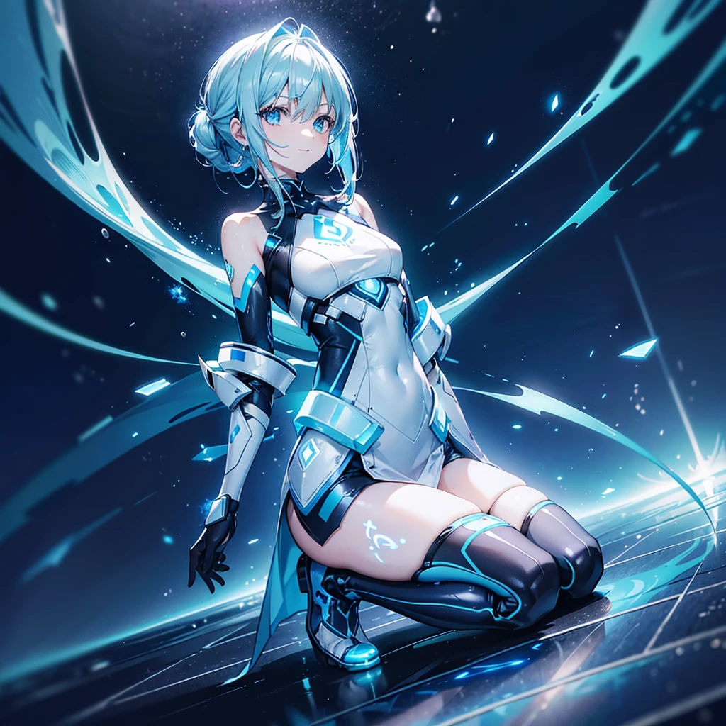((Holographic glow effect)),8k, Highest quality, (real:1.4), Original photo, 1 person, Asari Hair, Biological Amplifier, Very sleek and futuristic armor, posture: Peace talks between warring factions,,attention arousal, smart blue eyes,A modest smile,Knee-high boots,Patent-look blue tights,Blue big moon and blue light swirl in the background,Blue light from behind,blue light magic,A small, glowing blue ball in the palm of your hand,Blue flame swirl,Blue Comet,Polished floor,