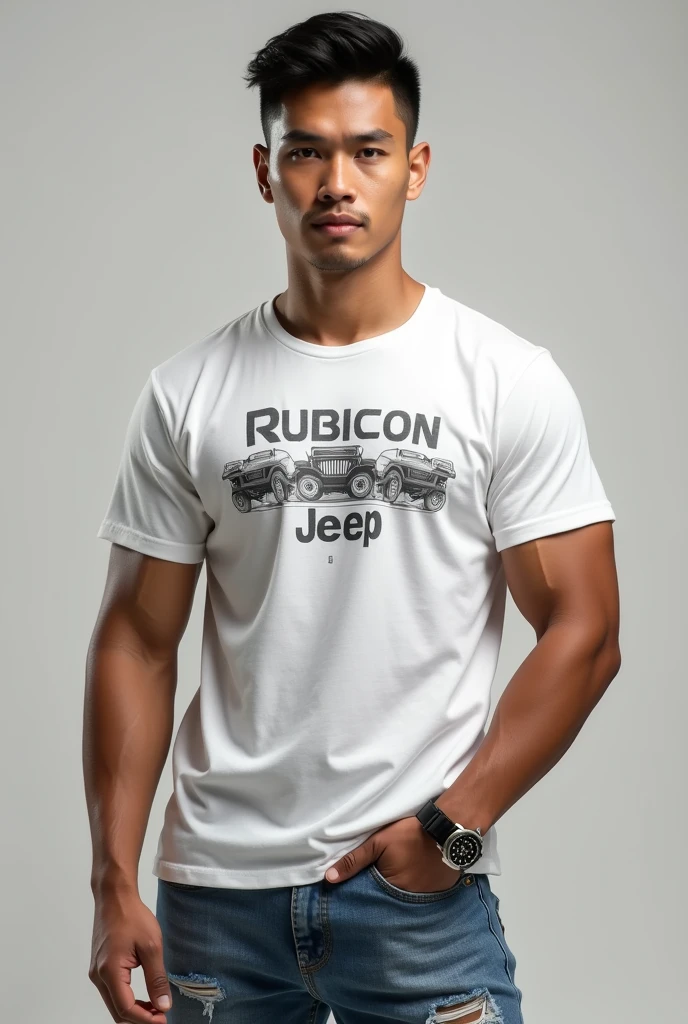 A handsome Indonesia man with a clean face,Very short black hair, the sides are faintly visible, there are clear line carvings.Wearing a white t-shirt with Rubicon Jeep graphics, stylish ripped blue jeans,Wearing sports shoes , wearing a rolex watch,Athletic sixpack body, face facing straight at the camera, realistic hd 