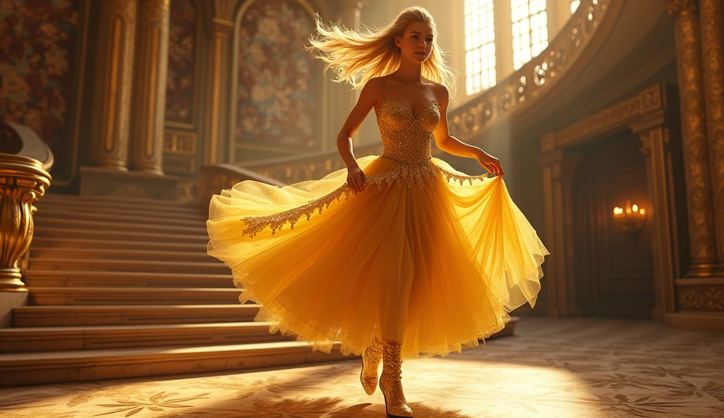 run, Cinderella in golden dress, Background in the castle, Beautiful lights,stairs,Golden Boots