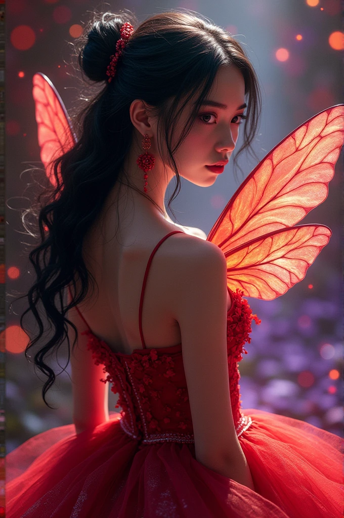 Girl with long black hair (tied up) with short red dress, (it has shine) (sleeveless), She is wearing a bee wing.
Background in a show main colors: red and purple and black