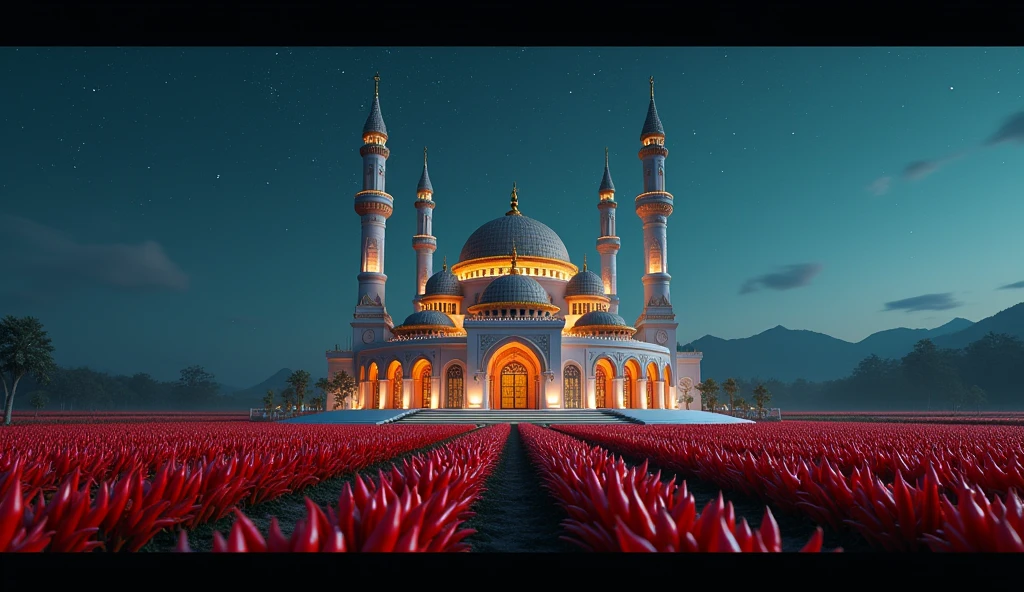 tiny futuristic mosque with Thai architecture in the middle of a chili plantation at night wide right angle view