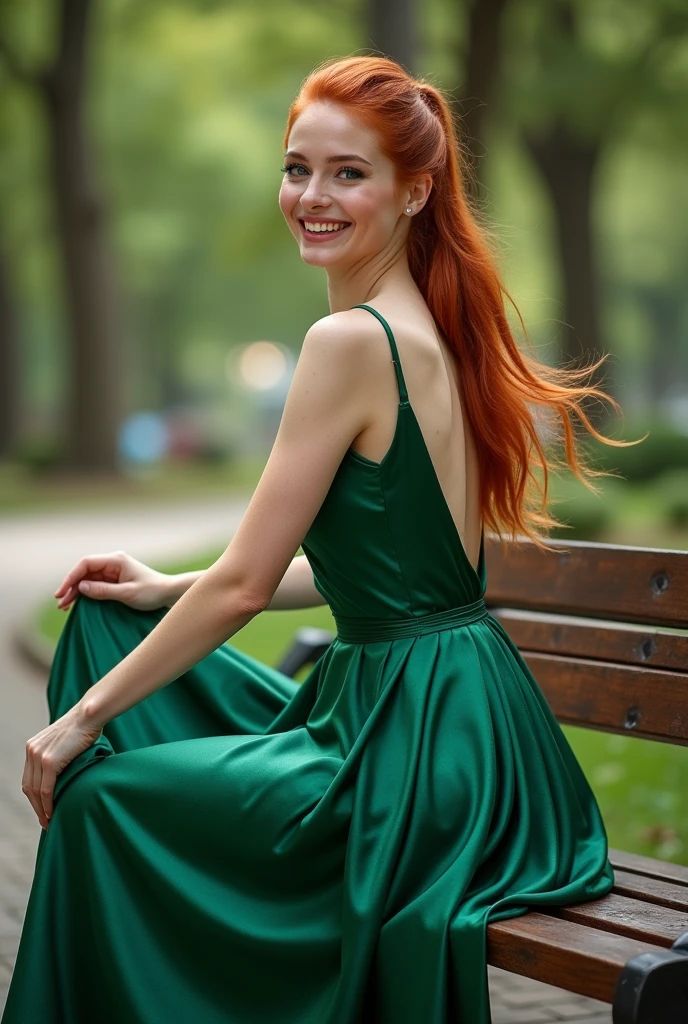 Realistic full body photo of a smiling redhead with long hair,ponytail hairstyle, She dances in front of the camera in a long A-line dress with straps made of shiny green satin, Park,glamour fotoshooting, Wedding celebration, perfect anatomy, perfect green eyes. Perfect hands with 5 fingers on each hand, Matching girl, look into the camera, 1 Frau. (Eye make up:1.1), (highly detailed skin:1.1), spirit, analog style, keen focus, 8K UHD, dslr, good quality, Fujifilm XT3, Grain, Award-winning, masterpiece. Wedding celebration. She sits on a bench showing her long dress. Beautiful shoes