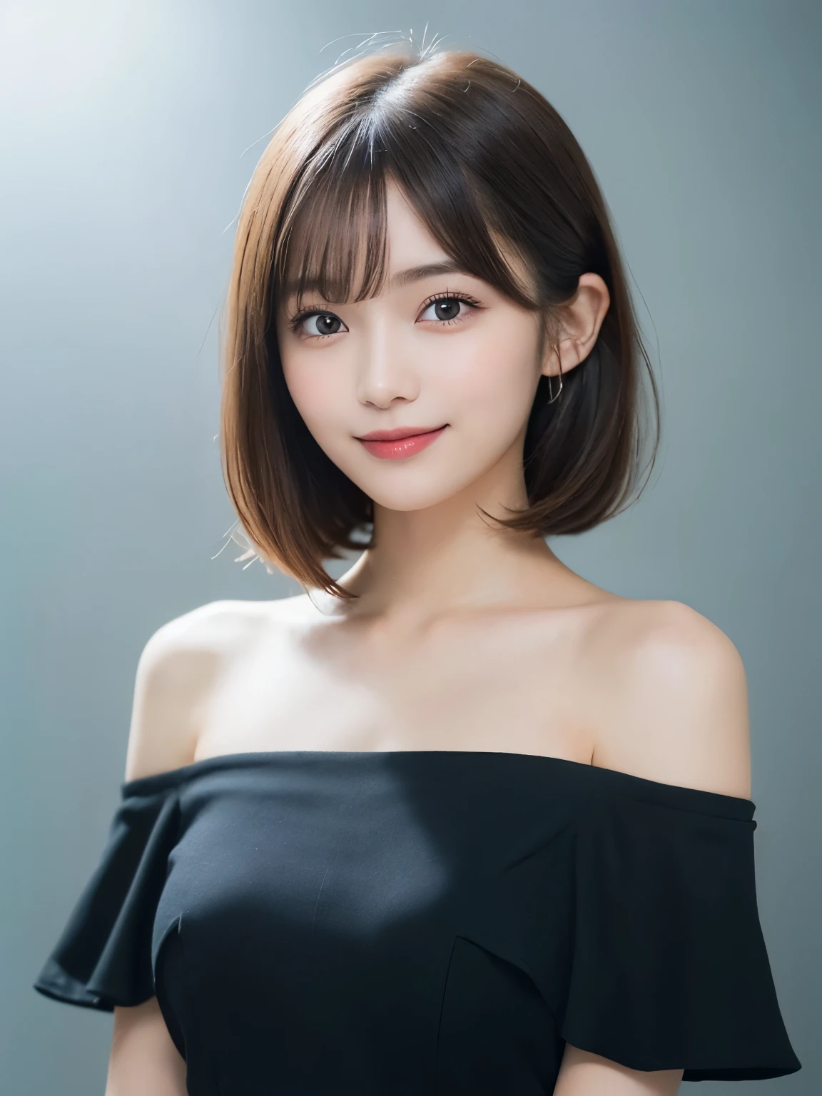 silver background, full body portrait, looks very happy, smile, one girl, (a beauty girl, delicate girl:1.3), (20 years old:1.3), (black off shoulder dress), very fine eyes, (symmetrical eyes:1.3), C cup breasts, brown eyes, parted bangs, short hair, (eyes and faces with detailed:1.0), (masterpiece, best quality, ultra detailed, detailed face, 8k)