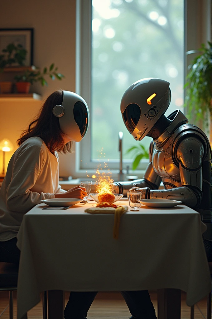 A man from space sitting with his friend from Earth at the dinner table