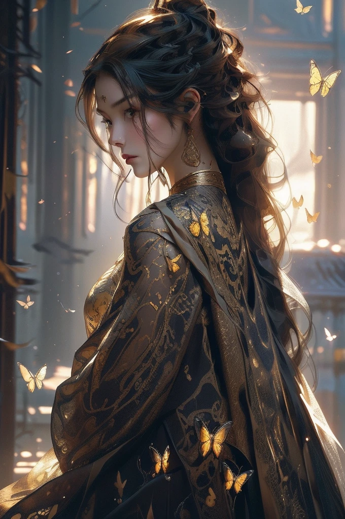 8k portrait of a beautiful cyborg with brown hair, Intricate, elegant, Very detailed, majestic, digital photography, art by artgerm and ruan jia and greg rutkowski surreal painting golden butterfly filigree, broken glass, (masterpiece, side lighting, beautiful finely detailed eyes: 1.2), HdR,