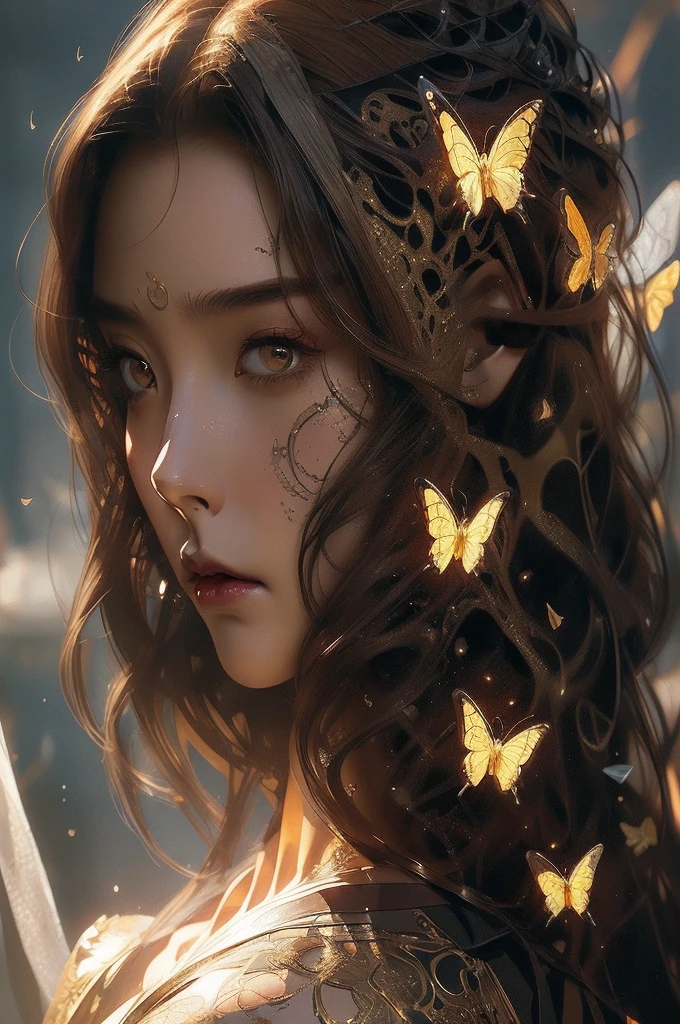 8k portrait of a beautiful cyborg with brown hair, Intricate, elegant, Very detailed, majestic, digital photography, art by artgerm and ruan jia and greg rutkowski surreal painting golden butterfly filigree, broken glass, (masterpiece, side lighting, beautiful finely detailed eyes: 1.2), HdR,