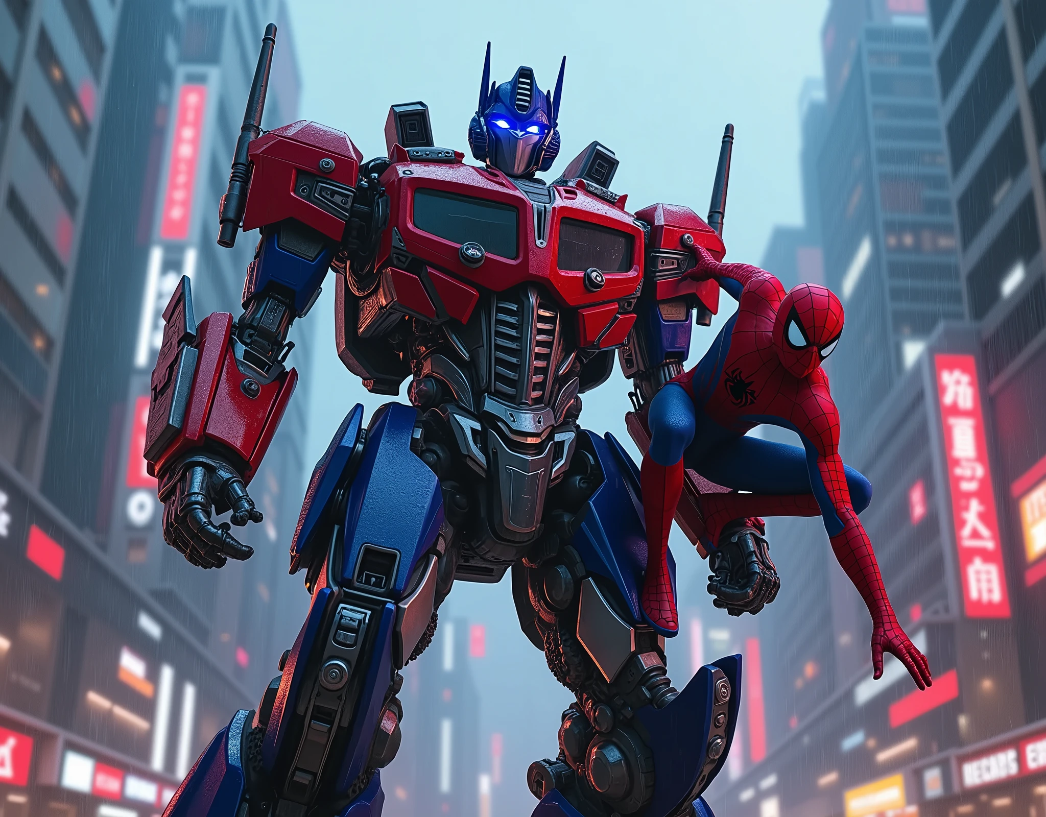 Optimus Prime, Spider-Man, futuristic city, skyscrapers, cyberpunk, mech suit, web slinging, action pose, dynamic lighting, cinematic composition, dramatic shadows, neon signs, rain effects, intricate details, hyper-realistic, photorealistic, 8K, HDR, masterpiece