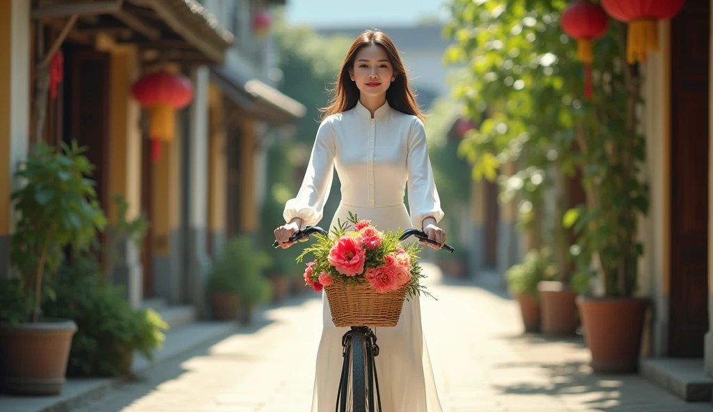 Make a photo of a Vietnamese female model wearing a white Ao Dai. Riding a bike on an old street. 85mm lens. bright. realistic. Focus your eyes well. Full shot. Make a basket and a bouquet of flowers in front of the bike.