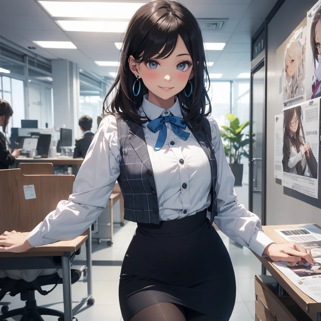 (Best Quality, Masterpiece),Wearing a pink plaid vest, White short sleeved shirt, Gray pencil skirt, Wear stiletto heels, Necklace, earrings, Cute face, Smile, Blushing, Shyness, Glass wall, Ultra Detail, Realistic, Front view, Whole body, stunning, cute, warm smile, hourglass figure, apron, text, chart, advertising, magazine title(Best Quality, Masterpiece), Mag((((1ladyl,)))) (masterpiece), (realistic), (best quality), (ultra-detailed), (wearing in [[white and gray check pattern]] Vest worn over white collared long-sleeved shirt:1.4), (gray vest with buttons:1.2), (Pink Theme:1.2), (blue ribbon ribbon:1.3), (Black theme:1.4), (Tight black pencil skirt:1.5), ((Brown pantyhose)), (high-heels:1.1),longskirt,office desk, office chair,Lulubre Unity 8K Wallpaper, pantyshot, long brown hair, office lady Magazine Cover, 1girl,  amazing, girl, 30 years old, house wiife, warm smile, hourglass figure, text, chart, advertising, magazine title