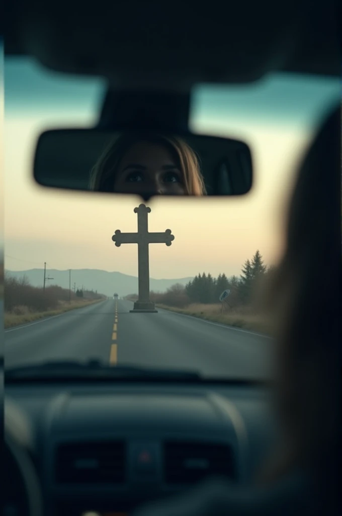 Looking in the rearview mirror of the car and seeing the empty cross of Christ