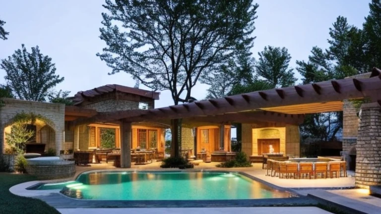 outdoor kitchen,cultural stone wall,Swimming pool,kiln,tree gazebo,tree table