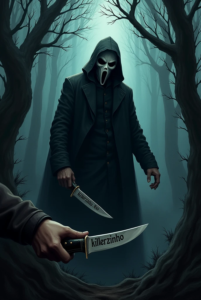 make an image of a dark forest with a man with a gostface mask and a mysterious hand in front of the image holding a knife with the word killerzinho written on it
